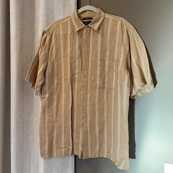 Men's Bruno Washable Linen Striped Button Down, Yellow/Tan Short Sleeve, Size L - Picture 1 of 9